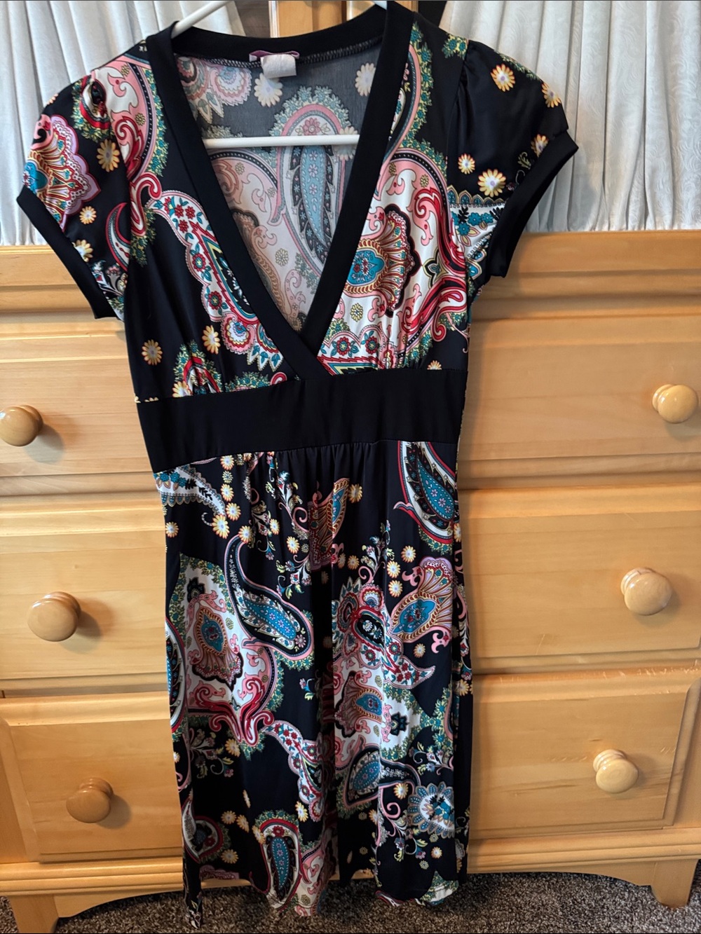 Lipstick Boutique Black Paisley V-Neck Midi Dress with Multicolor Accents